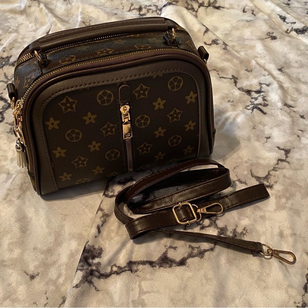 Luxury Brown Flower Pattern Crossbody Strap Purse